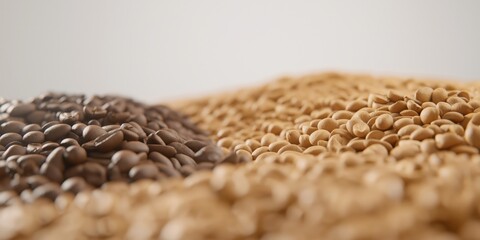 Obraz premium An aesthetically pleasing arrangement of roasted and raw coffee beans showcasing their distinct colors, highlighting the beauty and diversity of this beloved beverage.
