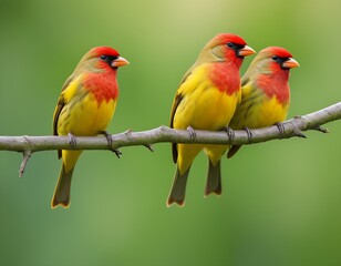 Obraz premium Vibrant yellow and red birds perched on a branch against a soft green background