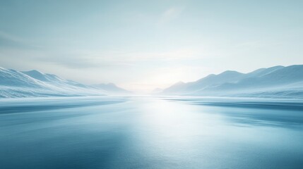 Tranquil arctic landscape with snowy mountains and frozen lake at sunrise