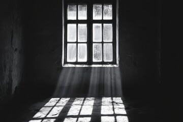 Black and white photo of a window in a dark room, sun rays stream through. Ideal for themes of hope, confinement, or light vs. darkness.
