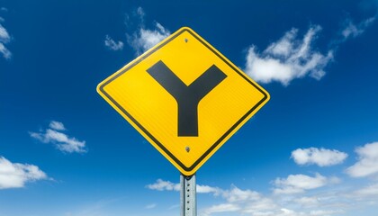 Y-Intersection Ahead:  A bright yellow road sign against a vibrant blue sky.
