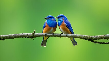 Obraz premium vibrant of two blue bird perched on a branch against a soft green background