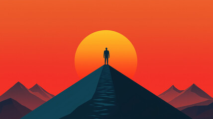 lone traveler stands at mountain peak, silhouetted against vibrant sunset. warm colors of sky create serene atmosphere, evoking sense of adventure and reflection