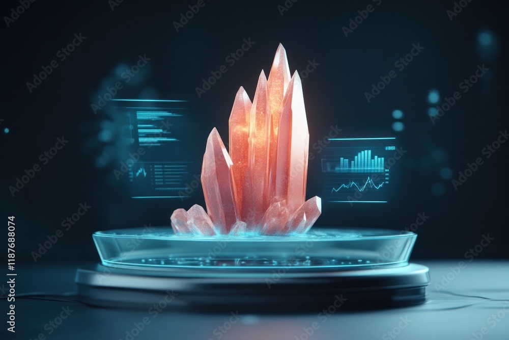 Poster dynamic crystal formation futuristic laboratory 3d visualization digital environment aerial view sci