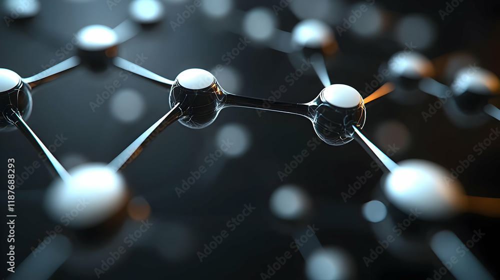 Poster abstract 3d rendering of a metallic molecular structure with glowing spheres and dark background. th