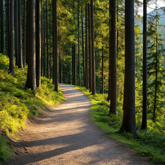 Obraz premium serene forest path illuminated by soft sunlight, surrounded by tall trees and lush greenery, invites peaceful walks and nature exploration