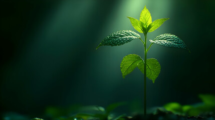 A lone seedling emerges from the earth, bathed in a single beam of light, symbolizing growth and new beginnings in the natural world.