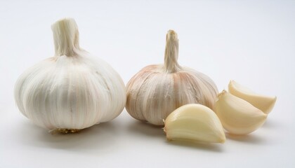 Two whole garlic bulbs and cloves on white background.