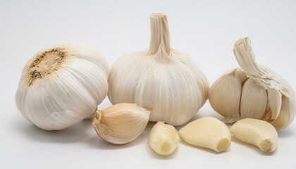 Obraz premium Fresh garlic bulbs and cloves, ready for cooking. Aromatic and healthy.