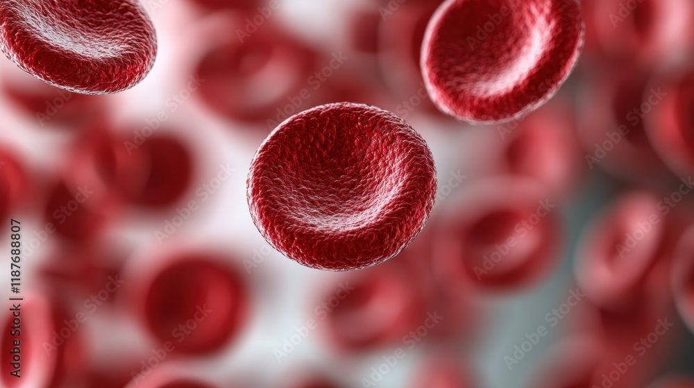 Poster a close-up view of red blood cells floating in a fluid medium, illustrating their unique shape and s