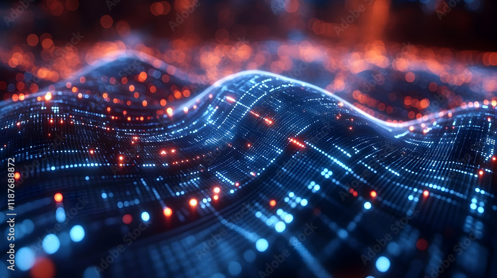Poster abstract digital wave with glowing particles and energy flow. futuristic technology and data network