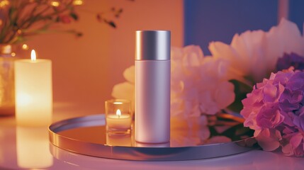 A serene display featuring a sleek bottle, candle, and flowers, evoking relaxation and beauty.