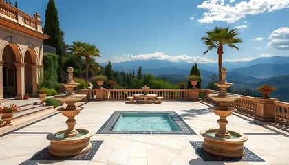 Fototapeta premium Mediterranean Villa Patio Featuring Fountains And Mountain View