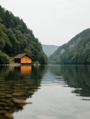 Fototapeta premium Secluded Wooden Cabin on a Calm Lake, Surrounded by Lush Green Mountains