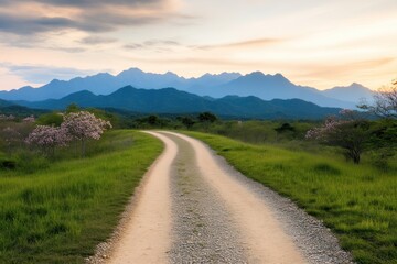 Fototapeta premium Winding gravel road journey mountain landscape nature scene tranquil environment scenic viewpoint adventure exploration