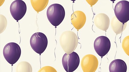 Colorful plum, yellow, and cream birthday balloons floating in stylish contemporary background