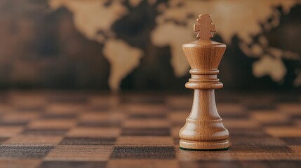 Wooden chess king piece on board with world map background