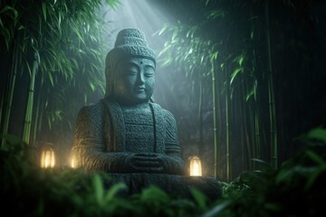 Serene buddha statue amidst lush bamboo forest tranquil setting artistic photography mysterious atmosphere
