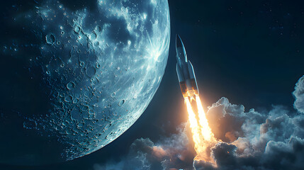 Rocket launch illuminated by powerful flames against a detailed, textured moon in a nighttime sky. Generative AI
