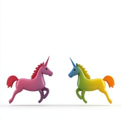 Two Colorful Toy Unicorns Playfully Running Together in a Bright and Cheerful Setting, Perfect for Children's Themes and Imaginative Design Projects