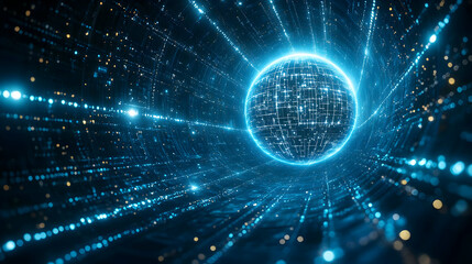 Fototapeta premium Abstract Glowing Blue Sphere in a Digital Space: Futuristic Technology Background