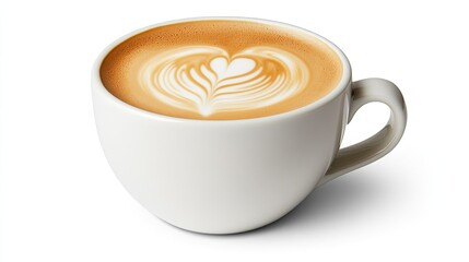 A white cup of latte art coffee with a heart design on top, isolated on white background.