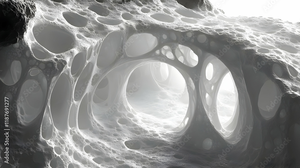 Poster abstract grayscale image depicting a complex three-dimensional structure resembling a porous cave sy
