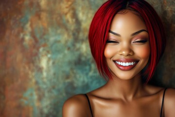 Lovely happy black girl - for ads, marketing material and social platforms use. Short trim - red hair. Commercial promotion creative pattern. Artistic black campaign. Black portrait campaign.