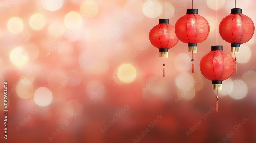 Poster festive red lanterns against a soft bokeh background