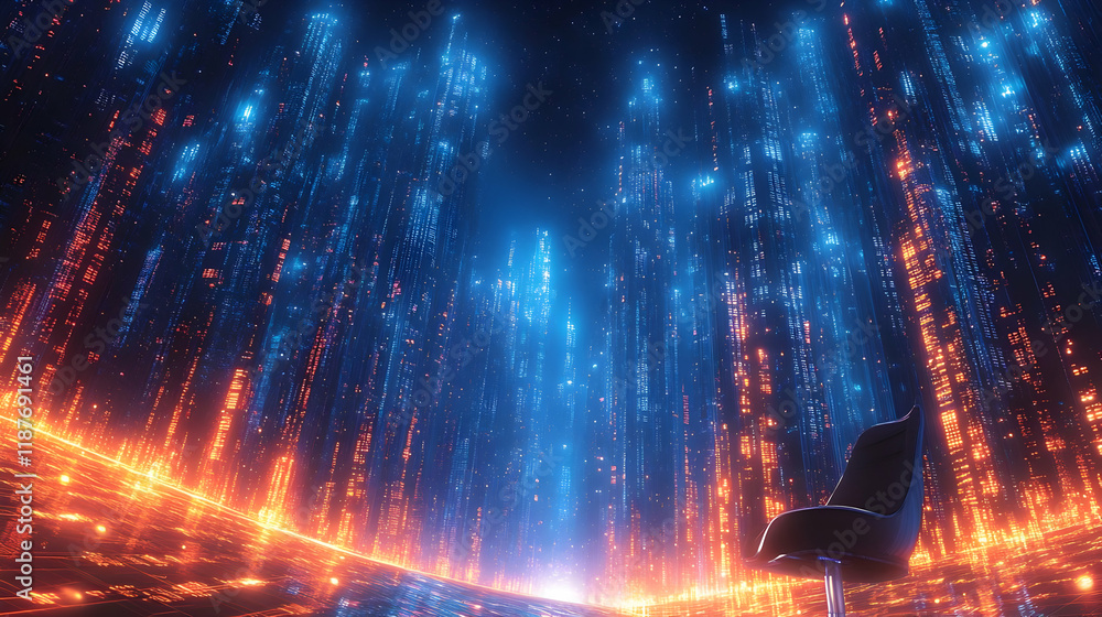 Poster abstract glowing particle background with dynamic blue and orange light effects