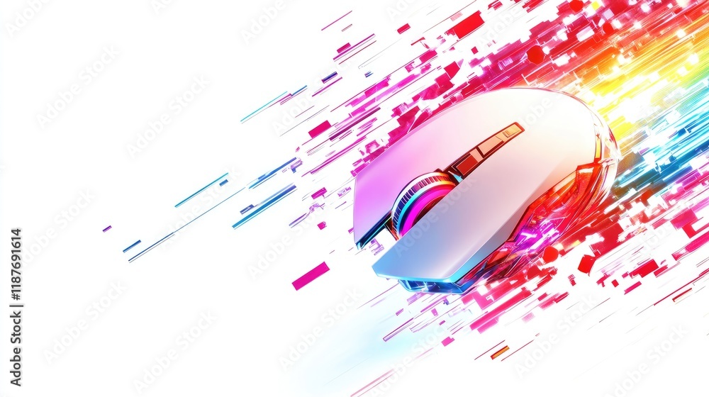 Poster abstract image of a computer mouse with vibrant, colorful streaks suggesting speed and motion.