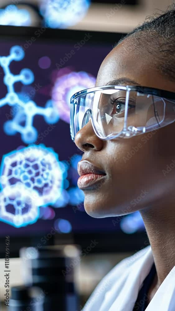 Poster Scientist in laboratory observing molecular structures with focus and curiosity