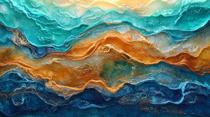 Obraz premium Abstract ocean waves texture in blue, teal, and gold.