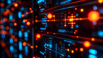 Abstract Futuristic Data Center Network Server Room with Glowing Lines and Data Transfer