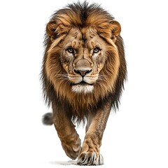 Fototapeta premium Majestic lion walking forward, white background, wildlife, nature photography, for advertising