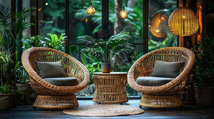 Relaxing wicker chairs in a lush tropical garden cafe