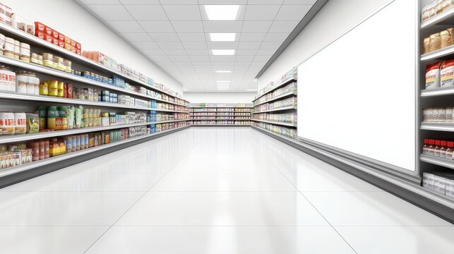 Brightly lit modern supermarket aisle with fully stocked shelves displaying diverse grocery products