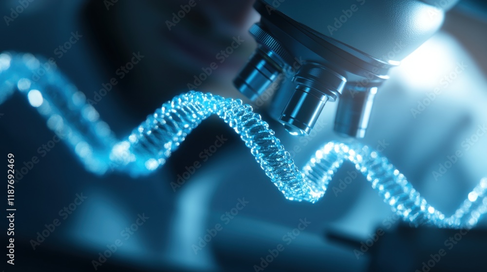 Poster a close-up of a microscope examining a wavy structure, highlighting the intricate details and a futu