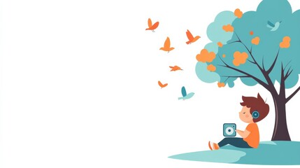 Happy Child Listening to Music in Nature Surrounded by Colorful Birds and Trees, Enjoying a Peaceful Outdoor Moment in a Vibrant Scenic Environment