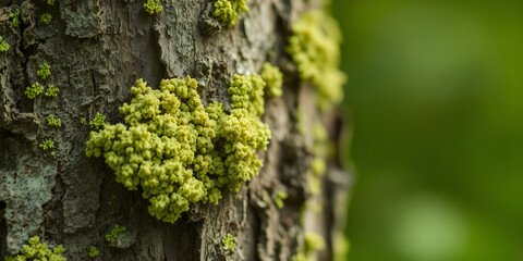 Obraz premium Close-up of a tree bark with a bright green lichen, sharp details in 8K, studio lighting, and vibrant colors
