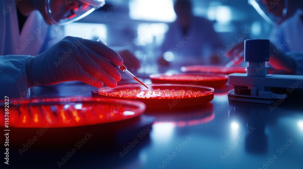 Poster a laboratory scene showing scientists working with red petri dishes, utilizing pipettes for precise 