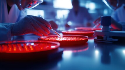 A laboratory scene showing scientists working with red petri dishes, utilizing pipettes for precise measurements in a research environment.