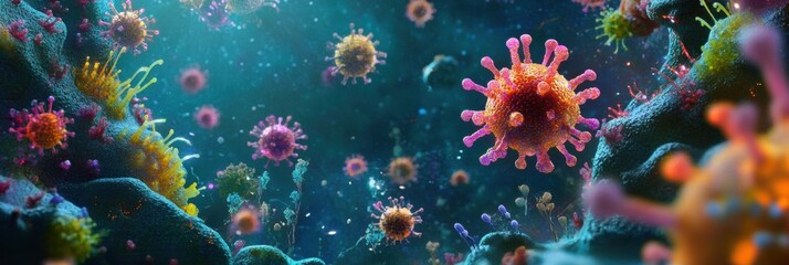 Vibrant microscopic landscape showcasing glowing viruses in their natural habitat. Generative AI
