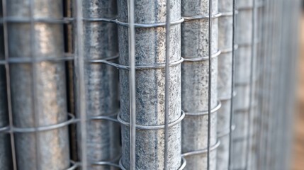 Fototapeta premium Rolls of wire mesh fencing, tightly wound and metallic