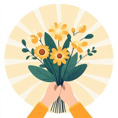 Bright and Cheerful Bouquet of Yellow Flowers Held by Hands Against a Radiant Circular Background with Soft Rays of Light
