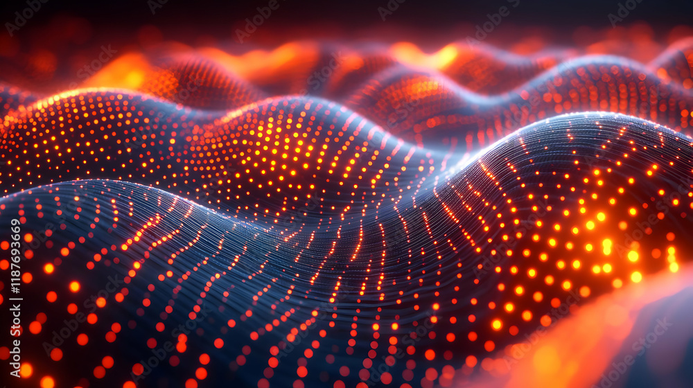 Poster abstract orange and red glowing particle waves digital background