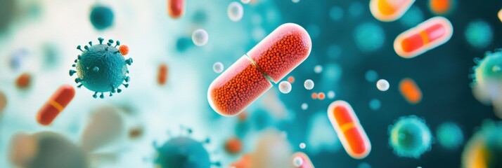 Pills encircling bacteria illustrating medical advancements and the fight against infections in modern healthcare. Generative AI