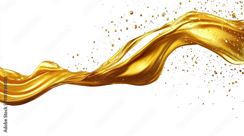 Poster abstract golden liquid splash flowing dynamically on white background.