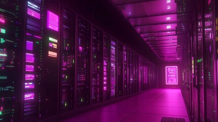 Futuristic neon-lit data center with vibrant magenta glow and advanced technology