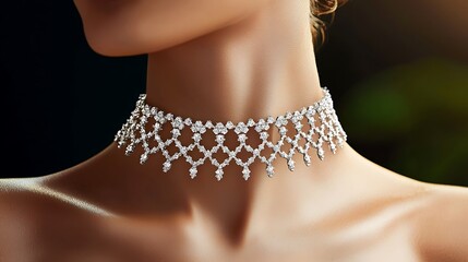 A woman wearing a necklace with diamonds